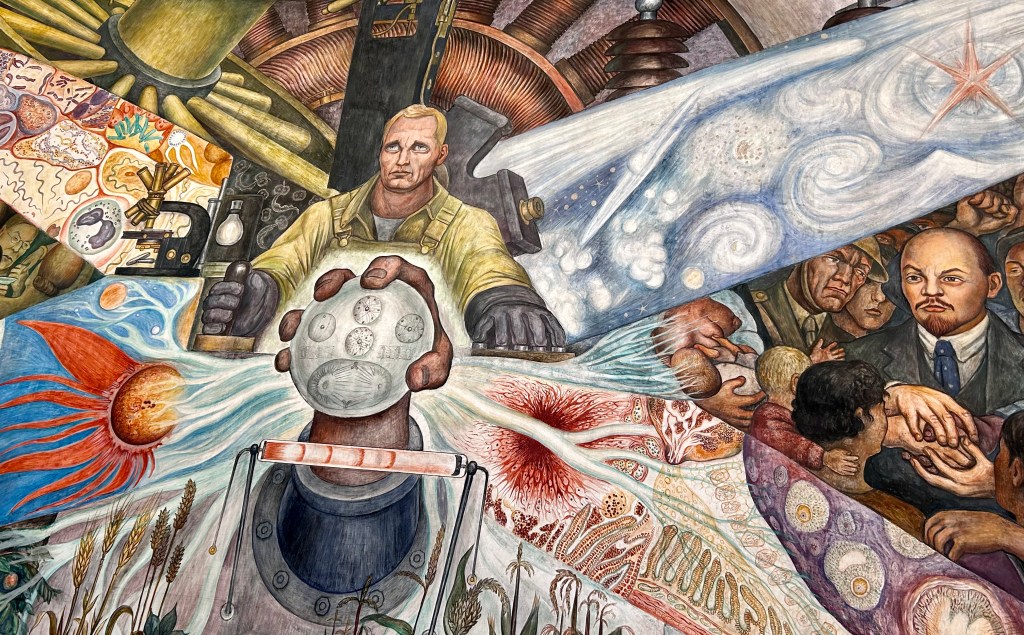 Detail from ‘Man Controller of the Universe’ by Diego Rivera.  He recreated the mural in Mexico City after the original in Rockefeller Center in New York City was destroyed by his patron who did not appreciate Rivera’s subversive  Communist message.  